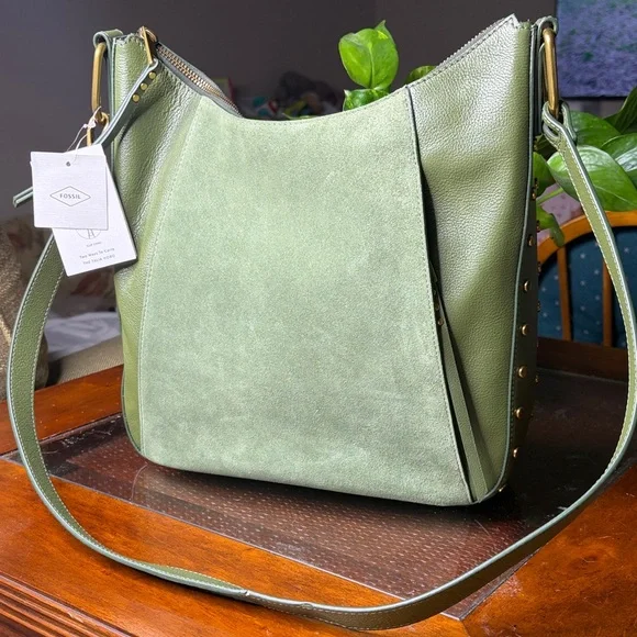 NWT Fossil Talia hobo comes with wallet chive Suede & Leather Shoulder Hobo Bag - Picture 1 of 14